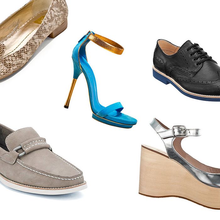 Clockwise, from left: Koko by dv Dolce Vita, Kelis Platform Sandal by Gucci, Wingtip Blucher by CO-OP Barneys New York, Silver Wedge by Belle by Sigerson Morrison, and Seaside Overlay by Sperry Top-Sider.