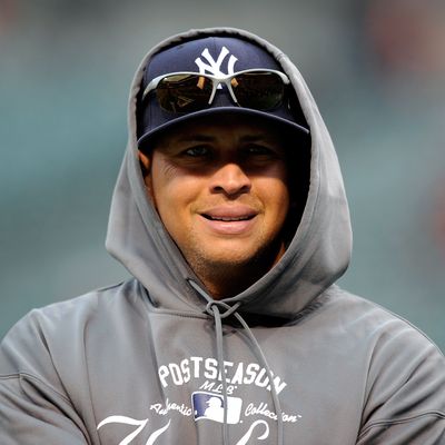 Alex Rodriguez #13 of the New York Yankees looks on during batting practice against the Baltimore Orioles during Game One of the American League Division Series at Oriole Park at Camden Yards on October 7, 2012 in Baltimore, Maryland.