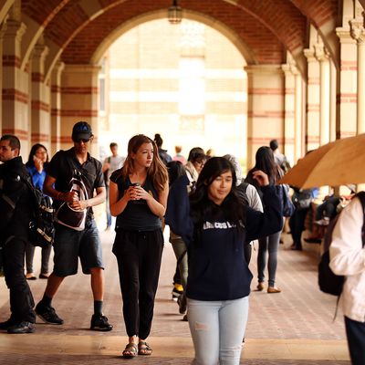 Students at Royce Hall on the UCLA campus