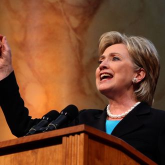 WASHINGTON - JUNE 07: U.S. Sen. Hillary Rodham Clinton (D-NY) speaks to supporters at the National Building Museum June 7, 2008 in Washington, DC. Clinton thanked her supporters for standing behind her in one of the longest Democratic primary seasons in history and urged them to back Sen. Barack Obama (D-IL) to be the next president of the United States. (Photo by Justin Sullivan/Getty Images)