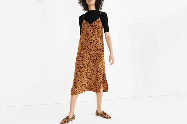 Madewell Silk Side-Slit Slip Dress in Leopard
