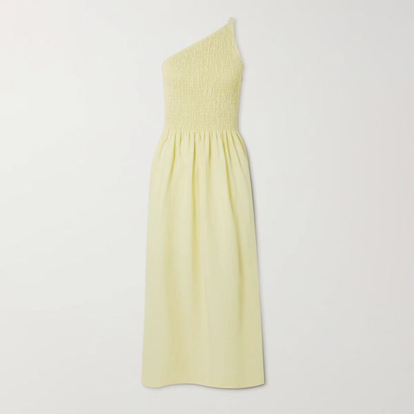 Isa One-Shoulder Shirred Linen Dress