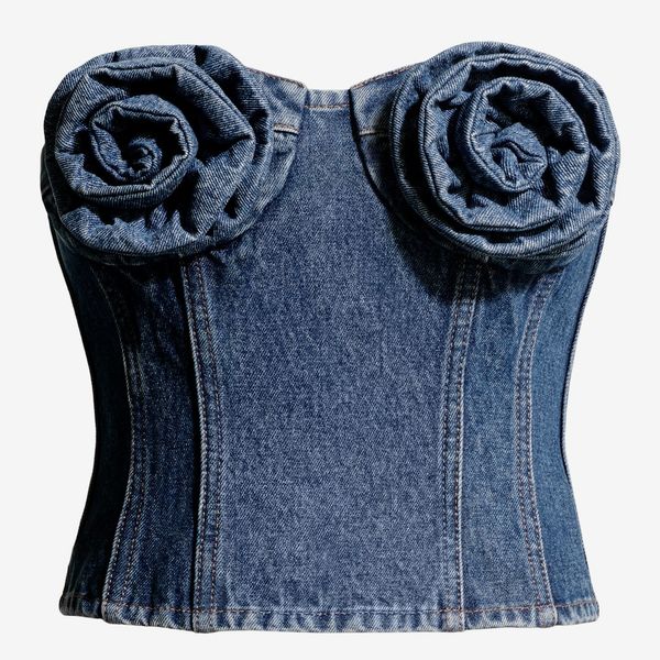 Magda Butrym H&amp;M Denim Bustier Top with Rose Appliqués