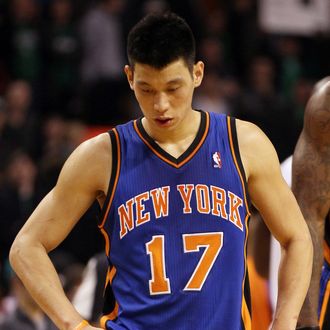 BOSTON, MA - MARCH 04: Jeremy Lin #17 of the New York Knicks reacts in the overtime period against the Boston Celtics on March 4, 2012 at TD Garden in Boston, Massachusetts. The Boston Celtics defeated the New York Knicks 115-111 in overtime. NOTE TO USER: User expressly acknowledges and agrees that, by downloading and or using this photograph, User is consenting to the terms and conditions of the Getty Images License Agreement. (Photo by Elsa/Getty Images)