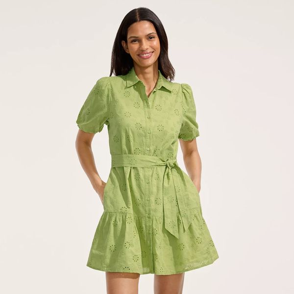 Lands' End Women's Elbow Sleeve Eyelet Knee Length Shirt Dress