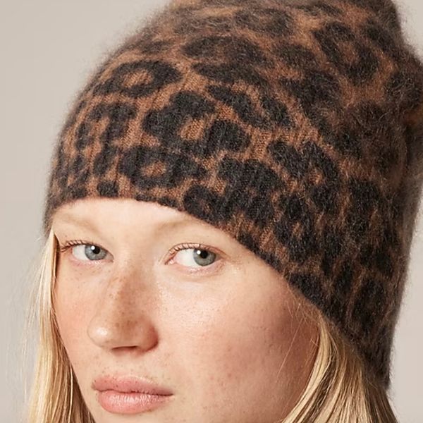 J.Crew Brushed Cashmere Beanie in Leopard Print