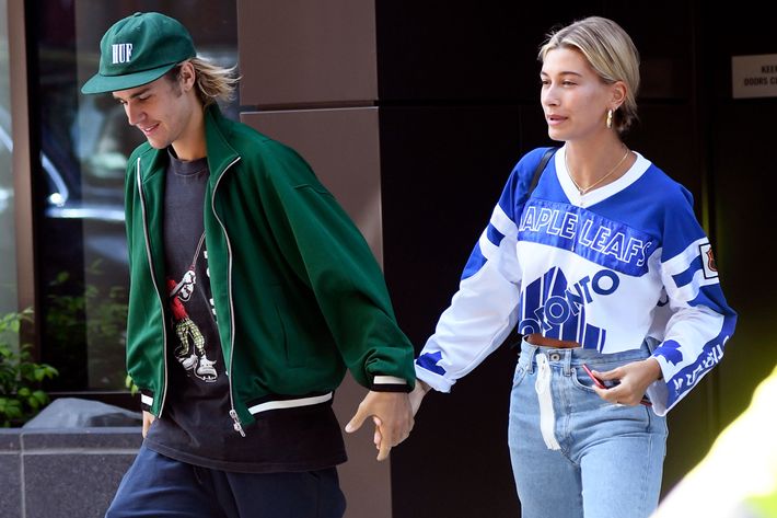 Justin Bieber and Hailey Baldwin (in a Toronto Maple Leafs jersey).