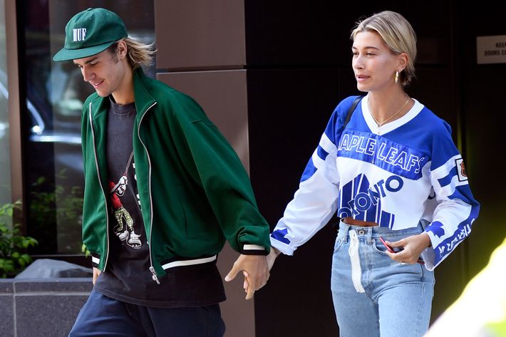 Justin and Hailey Bieber Wore Matching Jerseys at a Toronto Maple Leafs  Hockey Game