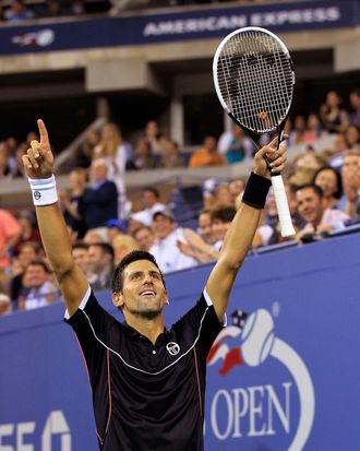 NEW YORK, NY - SEPTEMBER 01: Novak Djokovic of Serbia reacts after defeating Carlos Berlocq of Argentina during Day Four of the 2011 US Open at the USTA Billie Jean King National Tennis Center on September 1, 2011 in the Flushing neighborhood of the Queens borough of New York City. (Photo by Chris Trotman/Getty Images)