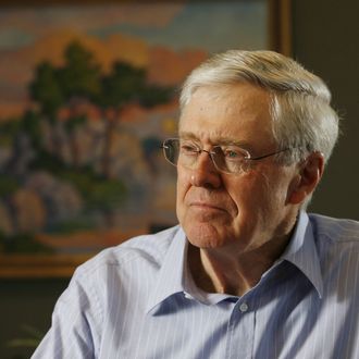 In this February 26, 2007 file photograph, Charles Koch, head of Koch Industries, talks passionately about his new book on Market Based Management. (Bo Rader/Wichita Eagle/MCT via Getty Images)