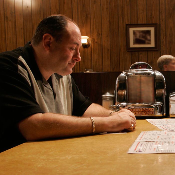 Tony Soprano, Carmela Soprano, and A.J. Soprano in the famous diner scene during The Sopranos series finale.