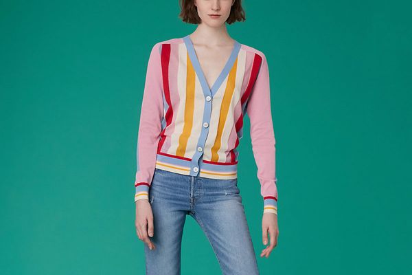 Diane von Furstenberg Long-Sleeve Color Block Cotton Cardigan