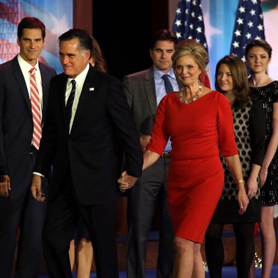 Republican presidential candidate, Mitt Romney, wife, Ann Romney, and family, walk off of the stage after conceding the presidency during Mitt Romney's campaign election night event on November 7, 2012 in Boston, Massachusetts. 