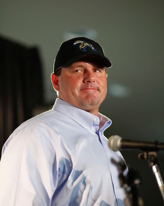 August 21, 2012, Sugar Land, Texas, United States: Roger Clemens signedto pitch for the minor league independent team, The Sugar Land Skeeters. The baseball superstar earned about $160 million and won 354 games in a 24-year career with the Red Sox, Blue Jays, Yankees and Astros. His 4,672 strikeouts are third-most and he was named to 11 All-Star games. Clemens was accused by former personal trainer Brian McNamee in the Mitchell Report on drugs in baseball of using steroids and HGH, allegations Clemens denied before Congress. In 2010 a grand jury indicted him on two counts of perjury, three counts of making false statements and one count of obstructing Congress. (F. Carter Smith/Polaris) ///