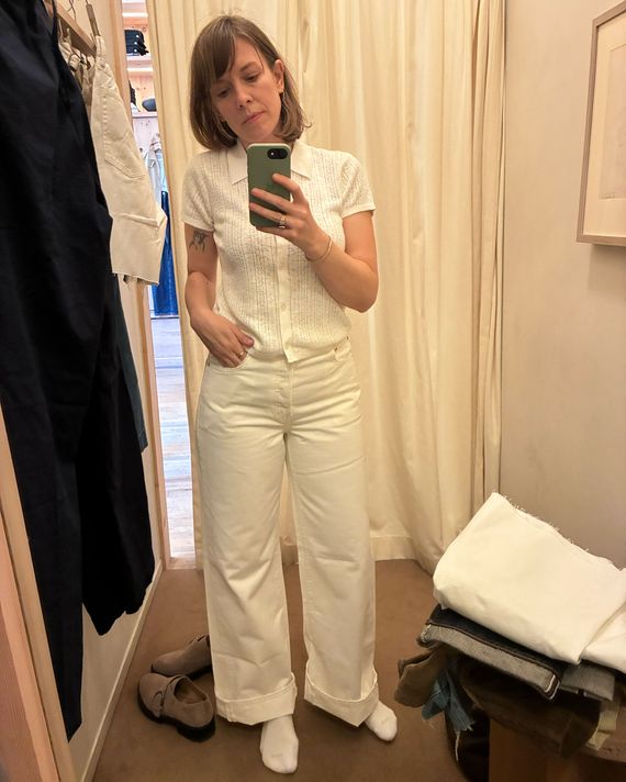 Photo of Strategist senior writer Liza Corsillo in Buck Mason's Jet Set jeans.