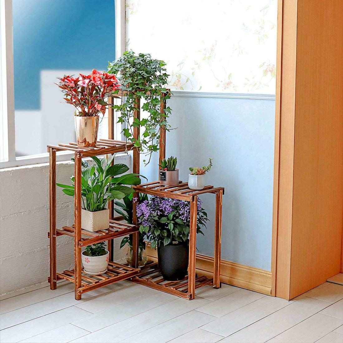 2 Tier Wood Plant Stands Flower Pot Shelf Rack Holder Indoor Outdoor for Corner