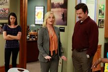 PARKS AND RECREATION -- "I'm Leslie Knope" Episode 401 -- Pictured: (l-r) Aubrey Plaza as April Ludgate, Amy Poehler as Leslie Knope, Nick Offerman as Ron Swanson -- Photo by: Ron Tom/NBC