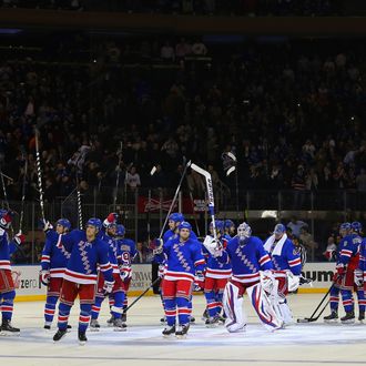The New York Rangers celebrate their victory over the Carolina Hurricanes at Madison Square Garden on March 18, 2013 in New York City. The Rangers defeated the Hurricanes 2-1 in the shootout. 