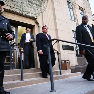 New Jersey Gov. Chris Christie leaves the Borough Hall in Fort Lee where he apologized to Mayor Mark Sokolich on January 9, 2014 in Fort Lee, New Jersey. According to reports Christie's Deputy Chief of Staff Bridget Anne Kelly is accused of giving a signal to the Port Authority of New York and New Jersey to close lanes on the George Washington Bridge, allegedly as punishment for the Fort Lee, New Jersey mayor not endorsing the Governor during the election. 