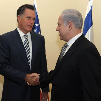 JERUSALEM, ISRAEL - JANUARY 13: (ISRAEL OUT) In this handout from the Israeli GPO, Prime Minister Benjamin Netanyahu meets with former Governor of Massachussets Mitt Romney (L) in the Prime Minister's residence on January 13, 2011 in Jerusalem, Israel. Romney, who ran for US president in 2008 is considering another run in 2012. (Photo by Amos BenGershom/GPO via Getty Images)