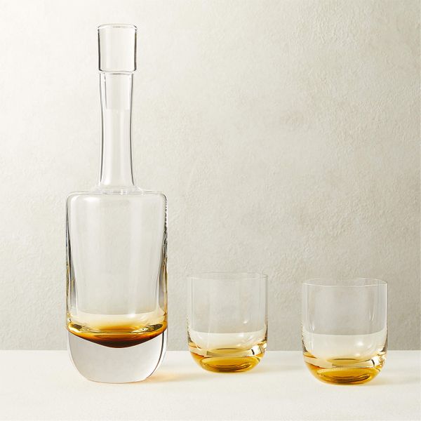 CB2 Duval Decanter With Amber Double Old-Fashioned Glasses