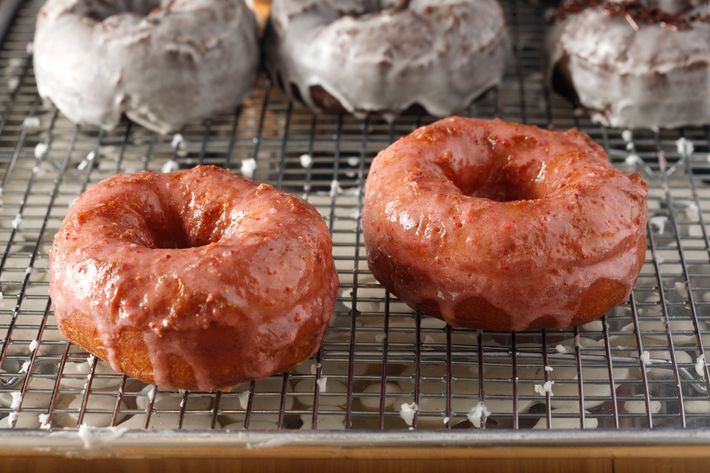 Yeast doughnut with strawberry glaze.