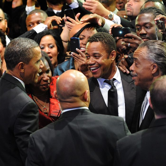 Actor Cuba Gooding Jr. (C) and Democratic Representative from New York Charles Rangel speak with US President Barack Obama as he greets wellwishers after addressing the Congressional Black Caucus Foundation Annual Phoenix Awards at the Washington Convention Center.on September 24, 2011. AFP PHOTO/Nicholas KAMM (Photo credit should read NICHOLAS KAMM/AFP/Getty Images)