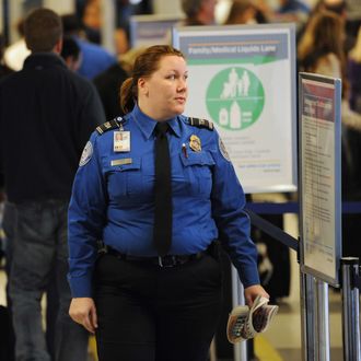 A US Transportation Security Administration (TSA) officer monitors passengers in a security line November 24, 2010 at La Guardia Airport in New York on what is considered the heaviest travel day of the year. 