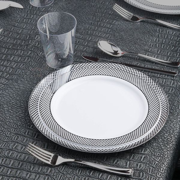 Kaya Collection — Disposable White with Silver Diamond Rim Plastic Round 10.25-Inch Dinner Plates