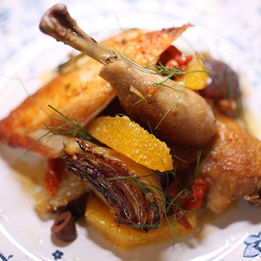 Roasted organic half-chicken, charred fennel, kalamata olives, orange, sun-dried.