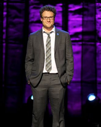 Seth Rogen speaks onstage at Comedy Central's night of too many stars: America comes together for autism programs at The Beacon Theatre on October 13, 2012 in New York City.
