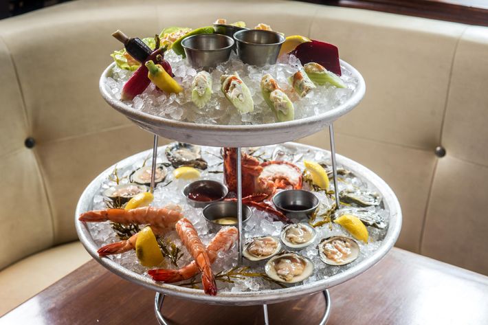 The shellfish and vegetable raw-bar towers.