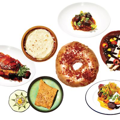 Clockwise, from left: Decoy’s Peking duck; Toro’s tripe-and-bean stew; La Cenita’s chicken mole taco; Little Chef’s Scuttlebutt salad; Dough Loco’s doughnut; Okonomi’s ramen cracker with bonito tartare.
