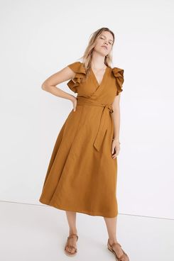 Madewell Linen-Blend Ruffle-Sleeve Wrap Midi Dress