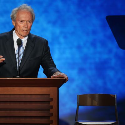 Actor Clint Eastwood speaks during the final day of the Republican National Convention at the Tampa Bay Times Forum on August 30, 2012 in Tampa, Florida. Former Massachusetts Gov. Mitt Romney was nominated as the Republican presidential candidate during the RNC which will conclude today.