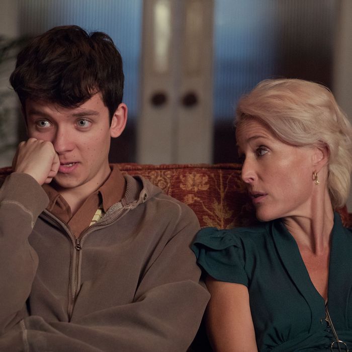 Asa Butterfield and Gillian Anderson in Sex Education.
