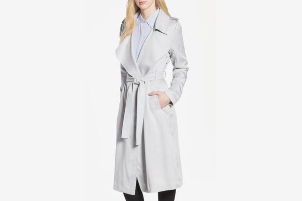 Faux Leather Trim Long Trench Coat