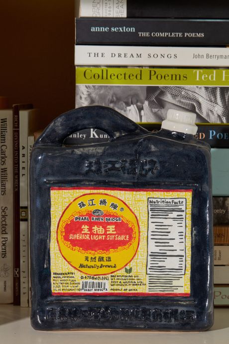A large Pearl River Bridge soy sauce jug on a shelf in front of paperback books