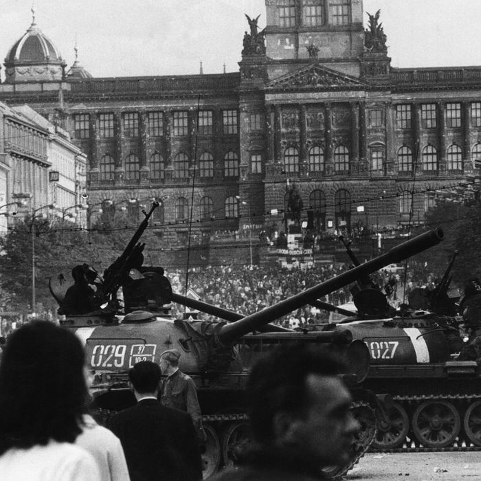 Soviet tanks surrounded by the crowd outside the National Museum in Wenceslas Square in Prague, August 1968.