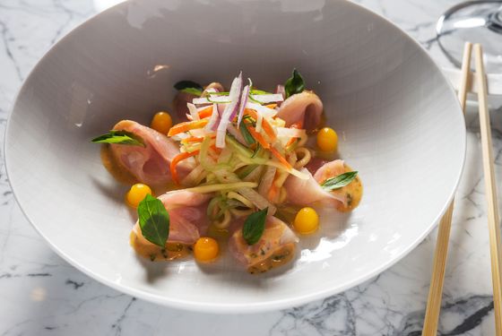 Hamachi with Thai mango salad and a rocoto-miso vinaigrette.