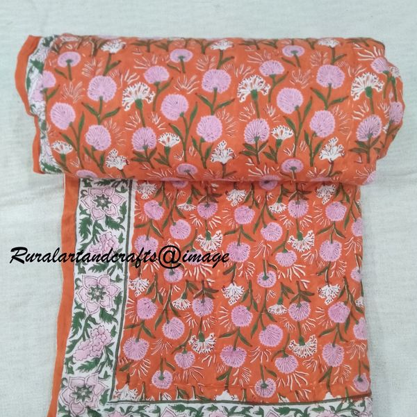 Ruralartandcrafts Hand-Block-Print Cotton Floral Indian Reversible Quilt