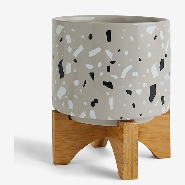 TENGSAN Ceramic Terrazzo Planter with Bamboo Stand