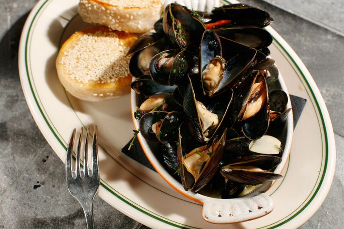 The mussels are served with a bread inspired by Vanessa's Dumpling's shao bing.