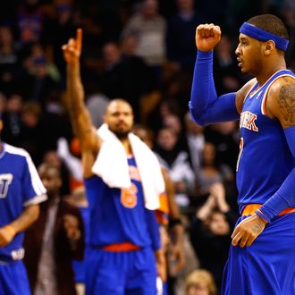 Carmelo Anthony #7 of the New York Knicks reacts after an 89-86 win against the Boston Celtics during the game on January 24, 2013 at TD Garden in Boston, Massachusetts.