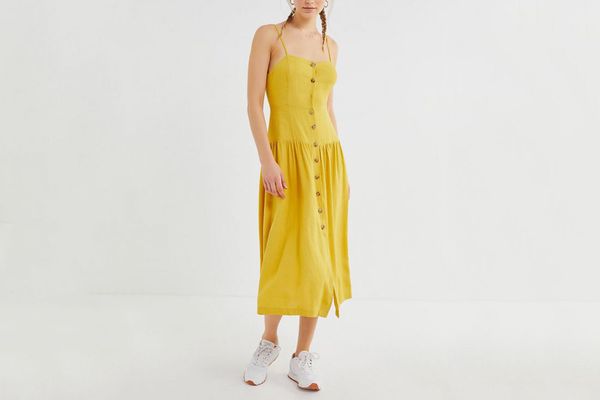 UO Linen Button-Down Drop Waist Midi Dress