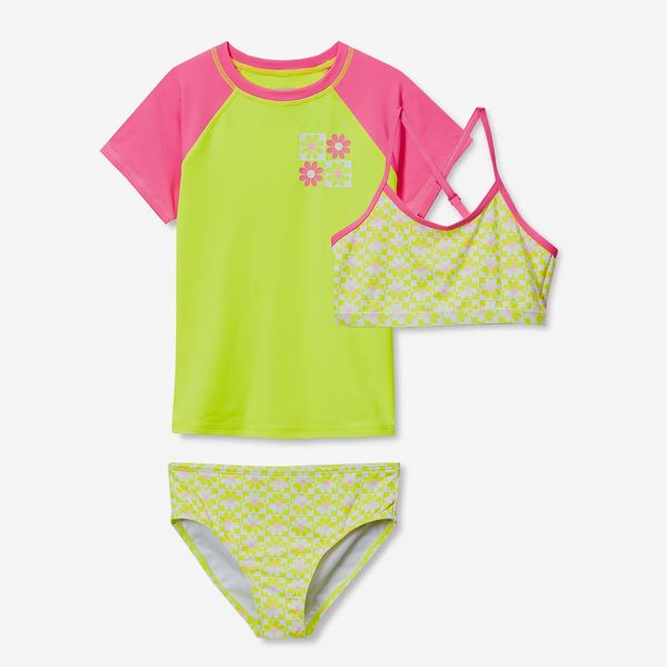 Lands' End Girls Chlorine Resistant Short Sleeve Rash Guard 3 Piece Swimsuit Set