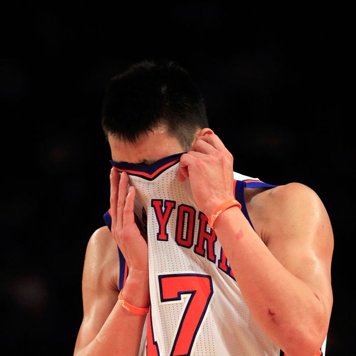 NEW YORK, NY - FEBRUARY 17: Jeremy Lin #17 of the New York Knicks on the court against the New Orleans Hornets at Madison Square Garden on February 17, 2012 in New York City. NOTE TO USER: User expressly acknowledges and agrees that, by downloading and/or using this Photograph, user is consenting to the terms and conditions of the Getty Images License Agreement. (Photo by Chris Trotman/Getty Images)