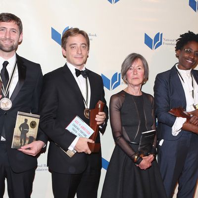 NEW YORK, NY - NOVEMBER 19: Phil Klay, Evan Osnos, Louise Gluck and Jacqueline Woodson attend 2014 National Book Awards on November 19, 2014 in New York City. (Photo by Robin Marchant/Getty Images)