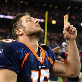 Tim Tebow #15 of the Denver Broncos celebrates after the game against New York Jets.