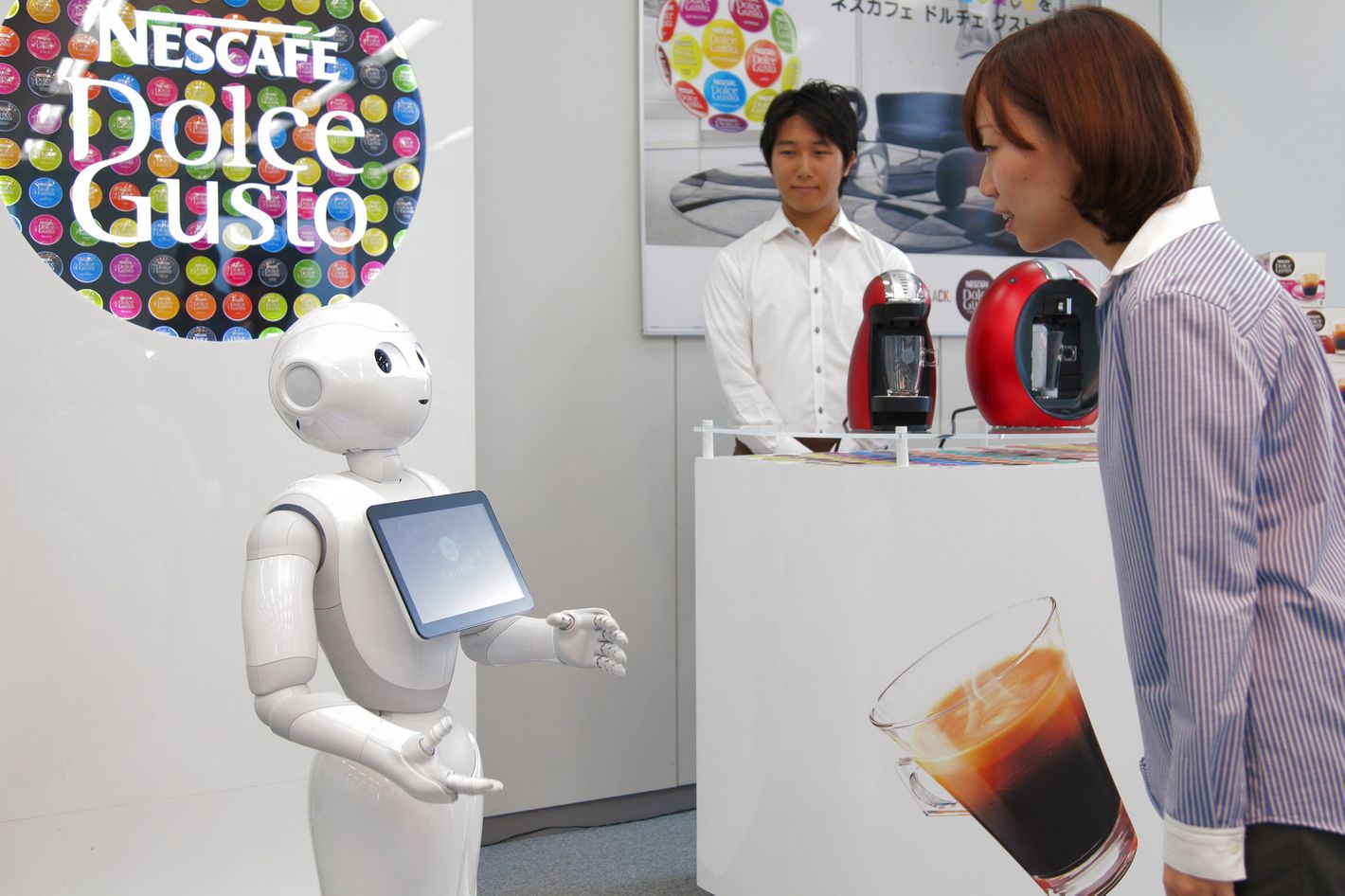 Pepper, the humanoid robot, wants to sell you a Nescafe coffee machine